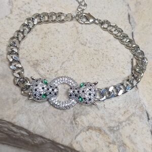 Chain Rhodium over Stainless steel Leopard panther head bracelet Cuban chain